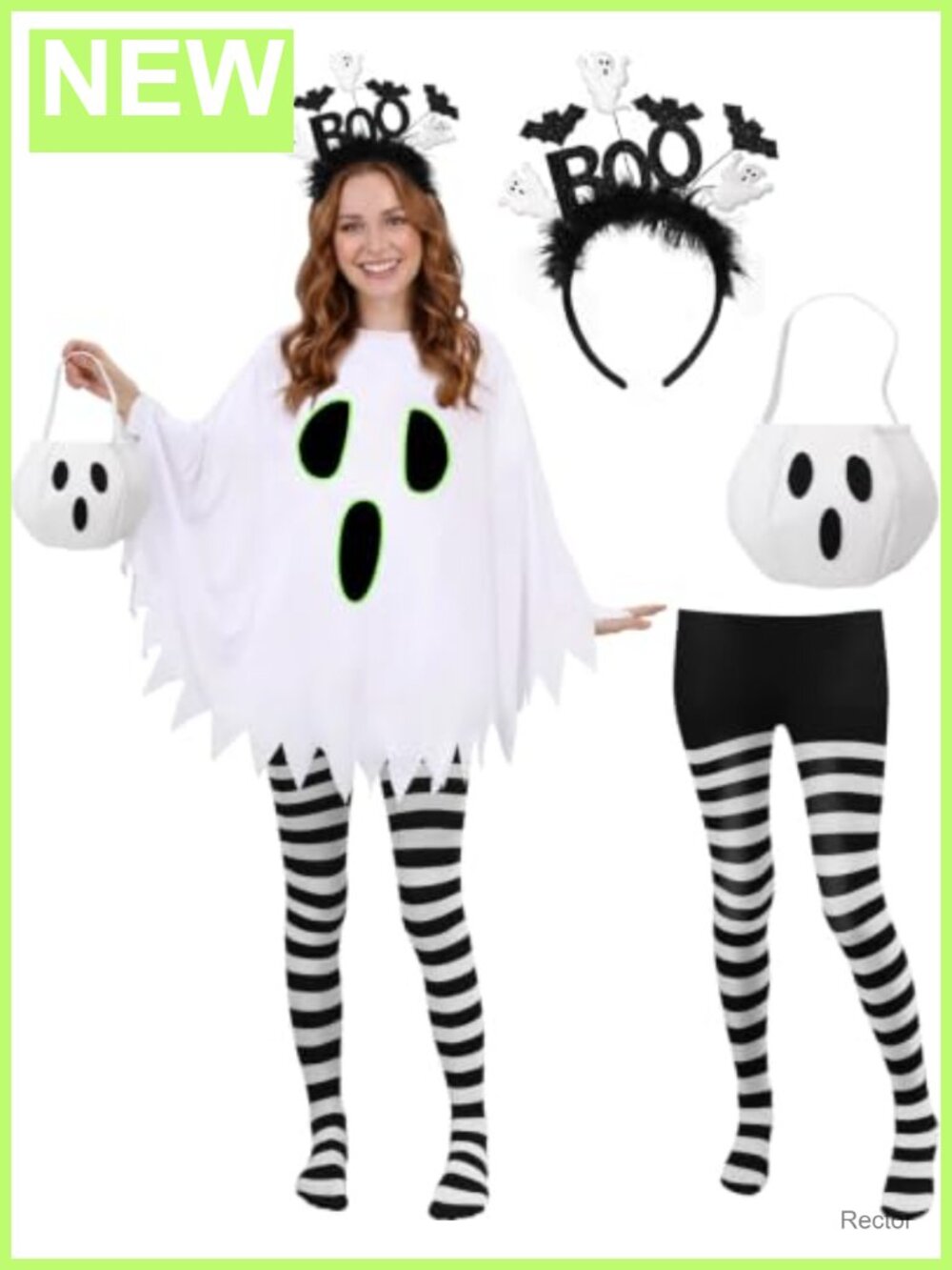 Women Ghost Costume Poncho Headband Tights Candy Bag Halloween